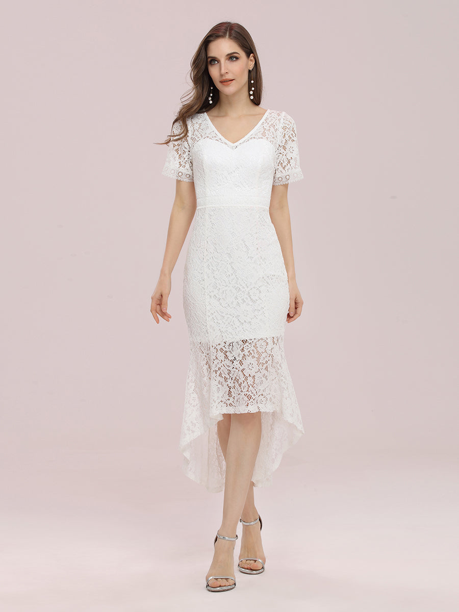 Color=Cream | Simple V Neck Wholesale Tea Length Lace Party Dress-Cream 1