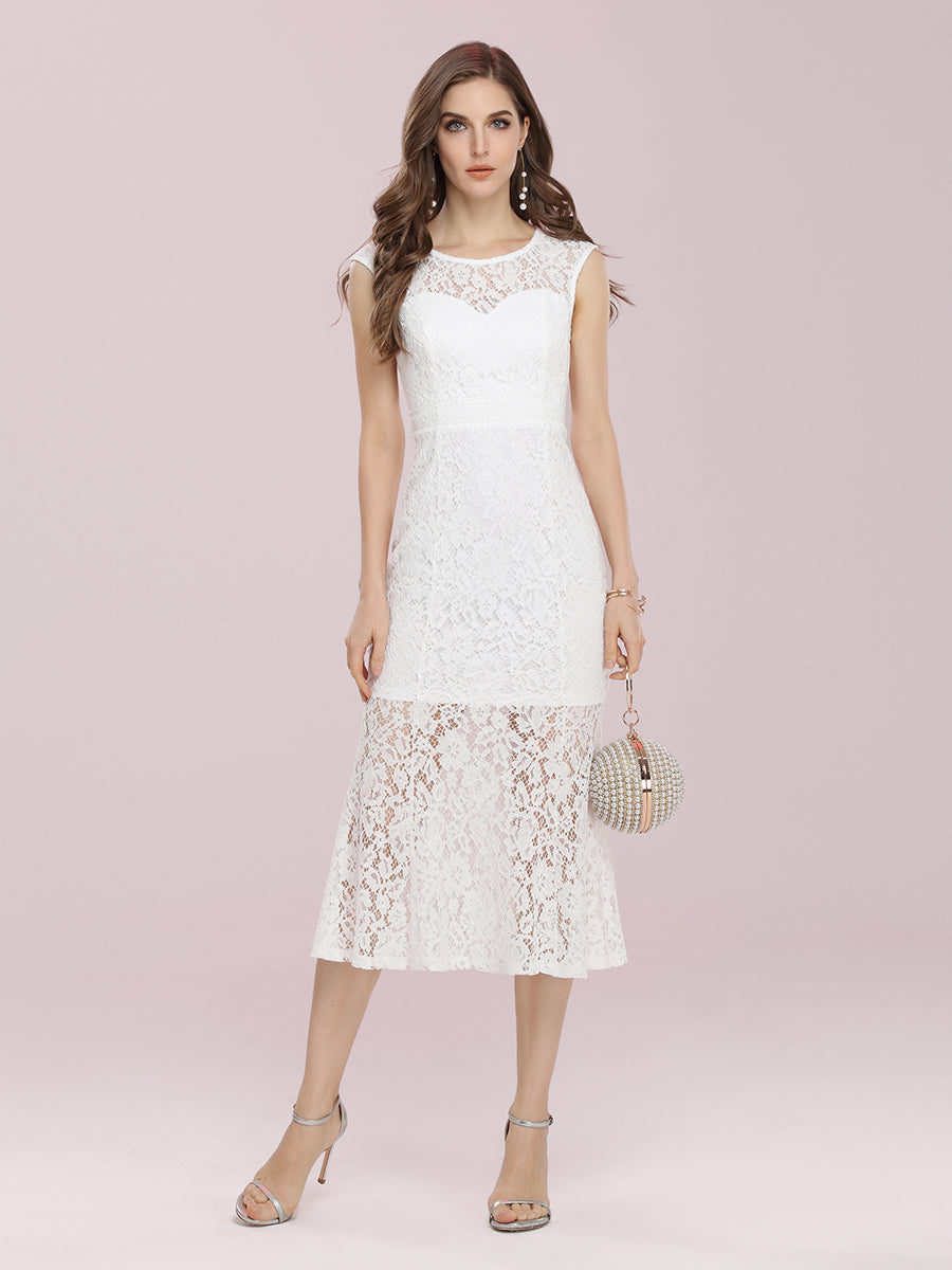 Color=Cream | Gorgeous Round Neck Wholesale Lace Party Dress-Cream 1