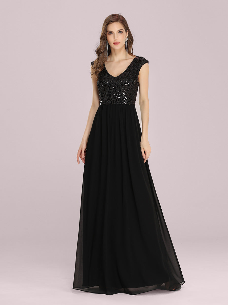 Color=Black | Stunning A-Line Chiffon Wholesale Evening Dress With Sequin Bodice Ep00373-Black 1