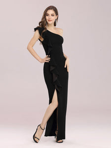 Color=Black | Hot One Shoulder Wholesale Party Dress With Ruffles-Black 4