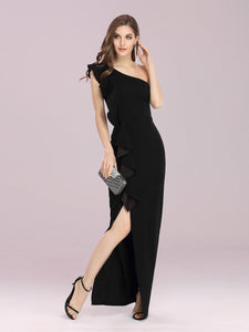 Color=Black | Hot One Shoulder Wholesale Party Dress With Ruffles-Black 3
