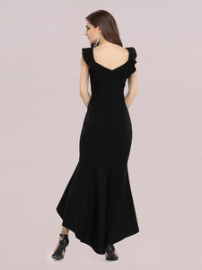 Color=Black | Stylish Wholesale V Neck High-Low Fishtail Party Dress-Black 2