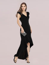Load image into Gallery viewer, Color=Black | Stylish Wholesale V Neck High-Low Fishtail Party Dress-Black 3