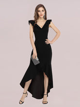Load image into Gallery viewer, Color=Black | Stylish Wholesale V Neck High-Low Fishtail Party Dress-Black 1