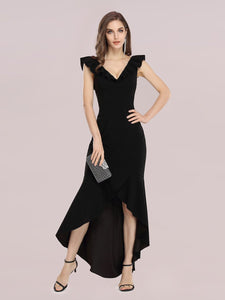 Color=Black | Stylish Wholesale V Neck High-Low Fishtail Party Dress-Black 1