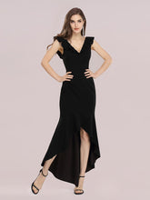 Load image into Gallery viewer, Color=Black | Stylish Wholesale V Neck High-Low Fishtail Party Dress-Black 4