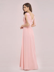 Color=Pink | Romantic Wholesale V Neck High Waist Chiffon Bridesmaid Dress-Pink 2