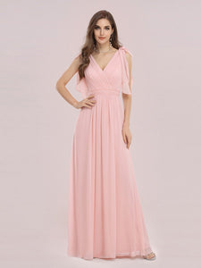 Color=Pink | Romantic Wholesale V Neck High Waist Chiffon Bridesmaid Dress-Pink 4