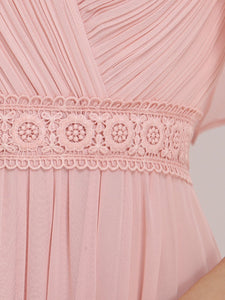 Color=Pink | Romantic Wholesale V Neck High Waist Chiffon Bridesmaid Dress-Pink 5