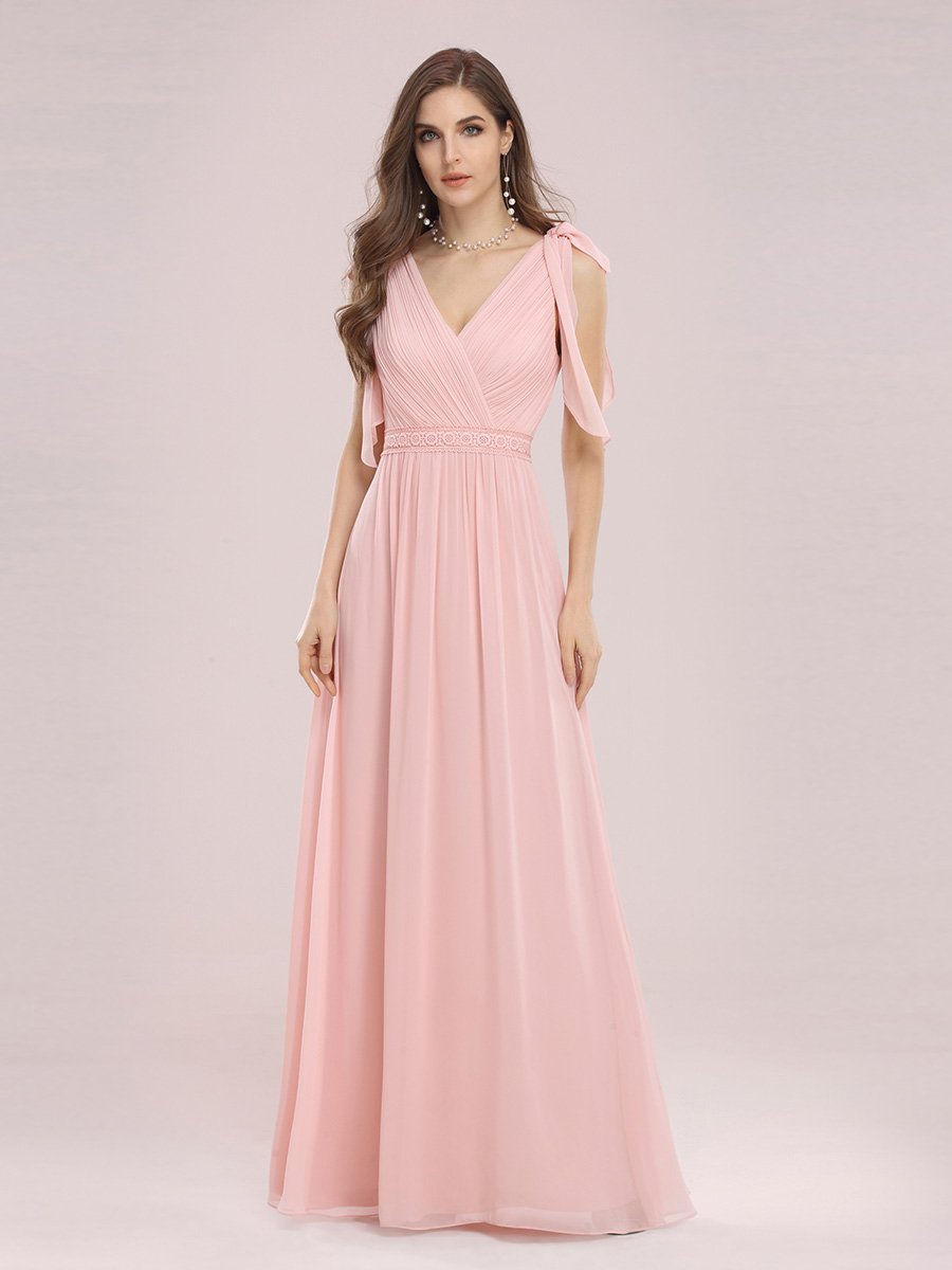 Color=Pink | Romantic Wholesale V Neck High Waist Chiffon Bridesmaid Dress-Pink 1