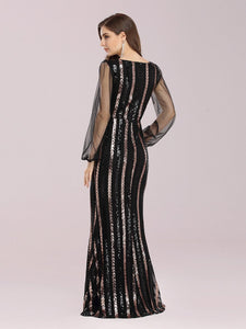 Color=Black | Shiny Wholesale Sequin Evening Dress With See-Through Sleeves-Black 2