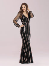 Load image into Gallery viewer, Color=Black | Shiny Wholesale Sequin Evening Dress With See-Through Sleeves-Black 3
