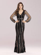 Load image into Gallery viewer, Color=Black | Shiny Wholesale Sequin Evening Dress With See-Through Sleeves-Black 4