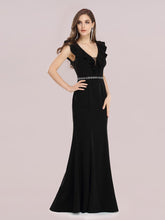 Load image into Gallery viewer, Color=Black | V Neck Wholesale Fishtail Evening Dress With Hot Drill Belt-Black 4