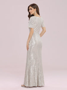 Color=Rose Gold | Wholesale Sexy Sequin Bodycon Evening Dress With Short Sleeves-Rose Gold 2
