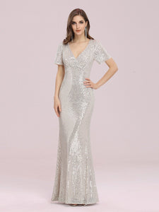 Color=Rose Gold | Wholesale Sexy Sequin Bodycon Evening Dress With Short Sleeves-Rose Gold 1