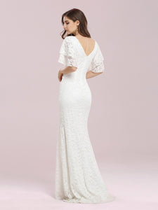 Color=Cream | Romantic V Neck Wholesale Mermaid Wedding Dress With Flutter Sleeves-Cream 2