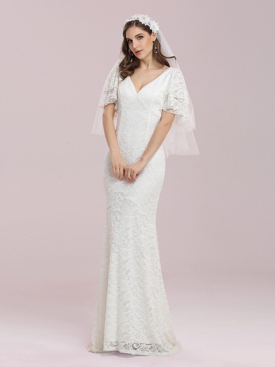 Color=Cream | Romantic V Neck Wholesale Mermaid Wedding Dress With Flutter Sleeves-Cream 1