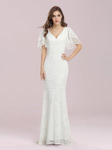 Color=Cream | Romantic V Neck Wholesale Mermaid Wedding Dress With Flutter Sleeves-Cream 3