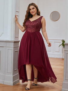 Color=Burgundy | Elegant Paillette & Chiffon V-Neck A-Line Sleeveless Plus Size Evening Dresses-Burgundy 4