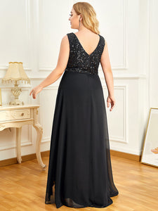 Color=Black | Elegant Paillette & Chiffon V-Neck A-Line Sleeveless Plus Size Evening Dresses-Black 2