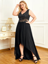 Load image into Gallery viewer, Color=Black | Elegant Paillette &amp; Chiffon V-Neck A-Line Sleeveless Plus Size Evening Dresses-Black 3