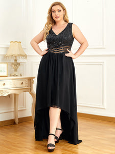 Color=Black | Elegant Paillette & Chiffon V-Neck A-Line Sleeveless Plus Size Evening Dresses-Black 1