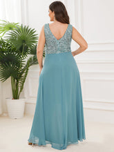 Load image into Gallery viewer, Color=Dusty Blue | Elegant Paillette &amp; Chiffon V-Neck A-Line Sleeveless Plus Size Evening Dresses-Dusty Blue 2
