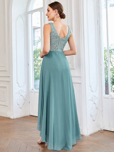 Color=Dusty Blue | Elegant Paillette & Chiffon V-Neck A-Line Sleeveless Plus Size Evening Dresses-Dusty Blue 2