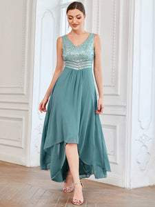 Color=Dusty Blue | Elegant Paillette & Chiffon V-Neck A-Line Sleeveless Plus Size Evening Dresses-Dusty Blue 4