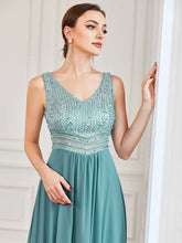 Load image into Gallery viewer, Color=Dusty Blue | Elegant Paillette &amp; Chiffon V-Neck A-Line Sleeveless Plus Size Evening Dresses-Dusty Blue 5