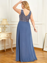 Load image into Gallery viewer, Color=Dusty Navy | Elegant Paillette &amp; Chiffon V-Neck A-Line Sleeveless Plus Size Evening Dresses-Dusty Navy 2