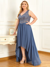 Load image into Gallery viewer, Color=Dusty Navy | Elegant Paillette &amp; Chiffon V-Neck A-Line Sleeveless Plus Size Evening Dresses-Dusty Navy 1