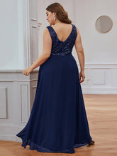 Load image into Gallery viewer, Color=Navy Blue | Elegant Paillette &amp; Chiffon V-Neck A-Line Sleeveless Plus Size Evening Dresses-Navy Blue 2