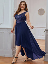 Load image into Gallery viewer, Color=Navy Blue | Elegant Paillette &amp; Chiffon V-Neck A-Line Sleeveless Plus Size Evening Dresses-Navy Blue 3
