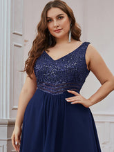 Load image into Gallery viewer, Color=Navy Blue | Elegant Paillette &amp; Chiffon V-Neck A-Line Sleeveless Plus Size Evening Dresses-Navy Blue 5