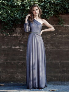 Color=Grey | Charming One Shoulder Evening Dresses With Long Sleeve-Grey 6