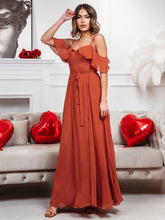 Load image into Gallery viewer, Color=Burnt orange | Dainty Chiffon Bridesmaid Dresses With Ruffles Sleeves With Side Slit-Burnt orange 1