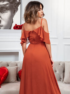 Color=Burnt orange | Dainty Chiffon Bridesmaid Dresses With Ruffles Sleeves With Side Slit-Burnt orange 2