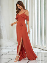 Load image into Gallery viewer, Color=Burnt orange | Dainty Chiffon Bridesmaid Dresses With Ruffles Sleeves With Side Slit-Burnt orange 7