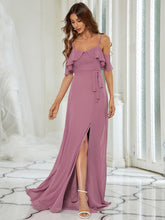 Load image into Gallery viewer, Color=Orchid | Dainty Chiffon Bridesmaid Dresses With Ruffles Sleeves With Side Slit-Orchid 3