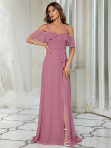 Color=Orchid | Dainty Chiffon Bridesmaid Dresses With Ruffles Sleeves With Side Slit-Orchid 1