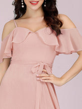 Load image into Gallery viewer, Color=Pink | Dainty Chiffon Bridesmaid Dresses With Ruffles Sleeves With Side Slit-Pink 5