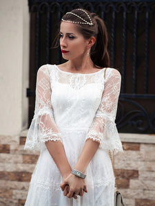 Color=Cream | Women'S Simple Knee-Length Lace Causl Dress With 3/4 Sleeves-Cream 8