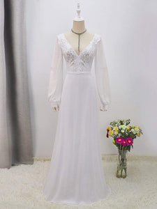 Color=White | Women'S Long-Sleeved Chiffon Wedding Dress With Appliques-White 8