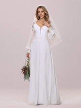Load image into Gallery viewer, Color=White | Elegant Simple Chiffon Wedding Dress With Long Puff Sleeves-White 6