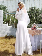 Load image into Gallery viewer, Color=White | Elegant Simple Chiffon Wedding Dress With Long Puff Sleeves-White 8