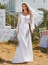 Load image into Gallery viewer, Color=White | Elegant Simple Chiffon Wedding Dress With Long Puff Sleeves-White 5