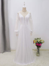 Load image into Gallery viewer, Color=White | Elegant Simple Chiffon Wedding Dress With Long Puff Sleeves-White 8