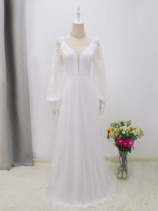 Color=White | Elegant Simple Chiffon Wedding Dress With Long Puff Sleeves-White 8